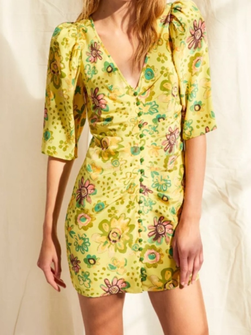 Le Fou Wilfred Tango Silk Yellow Floral Mini Dress. Size 6